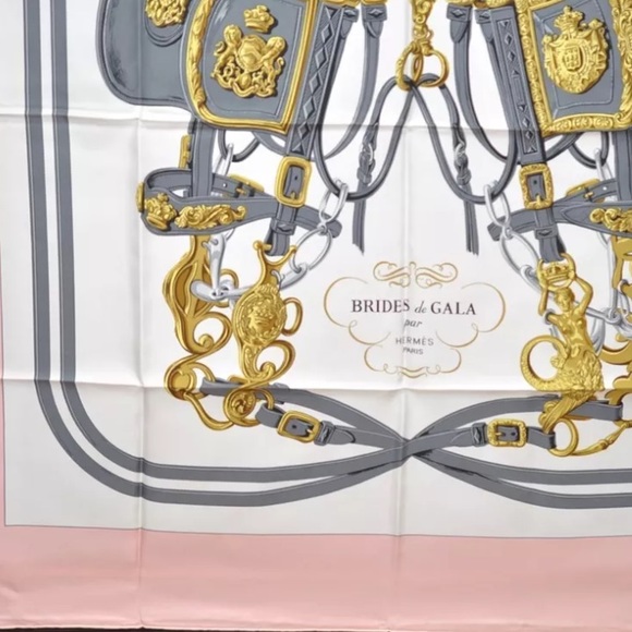 HERMES Carre 90 Scarf "BRIDES de GALA par" Silk Pink and White Authentic - Picture 5 of 12